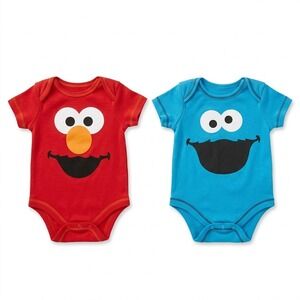Sesame Street Elmo Cookie Monster Baby Bodysuits Lot of 2 Newborn Red Blue
